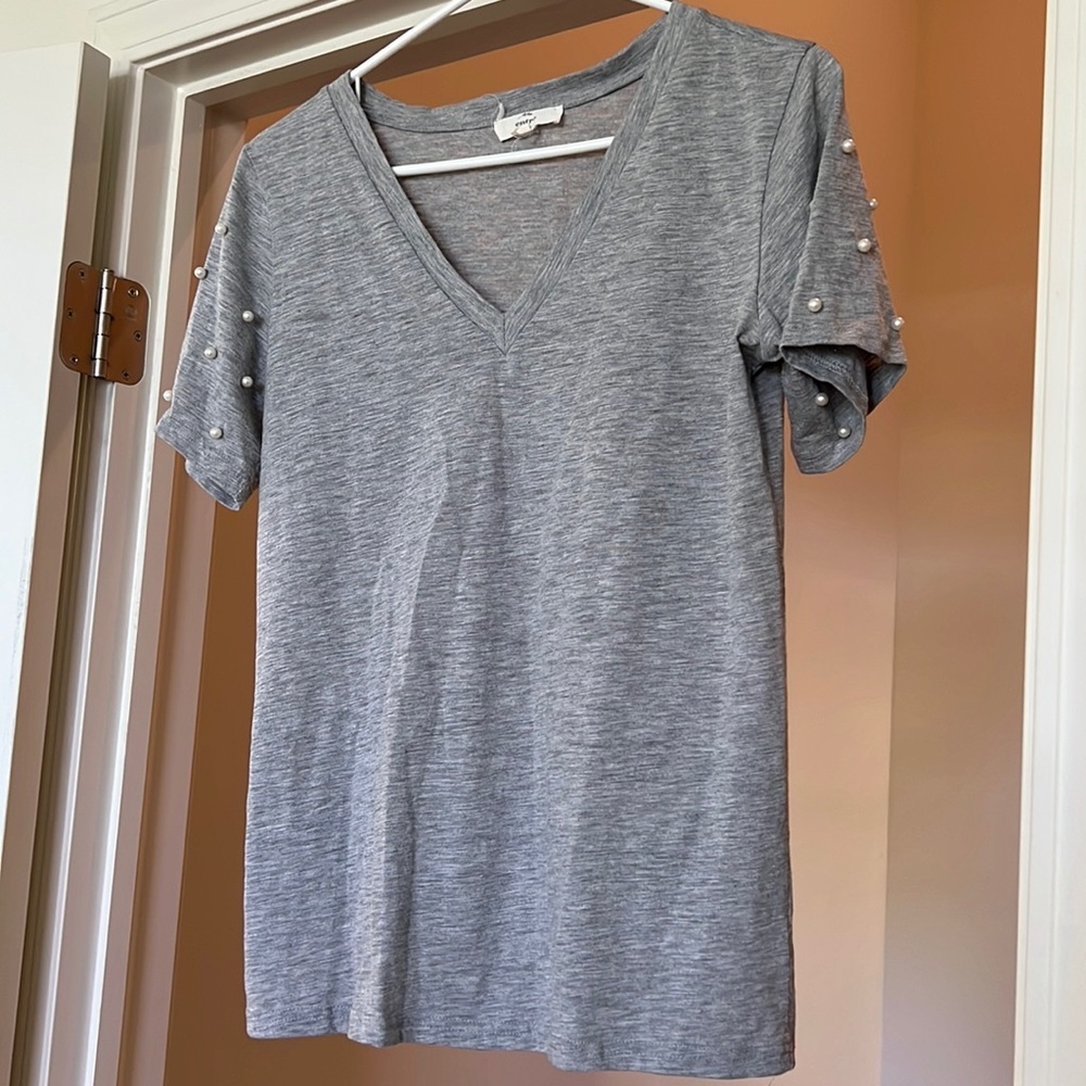 V neck TShirt with pearl sleeve detail